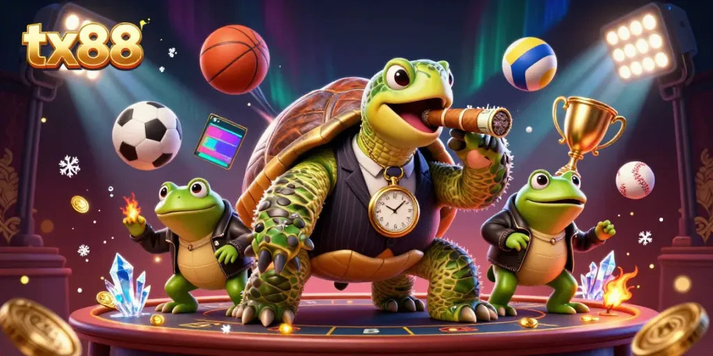 Engage with tx88's vibrant casino scene featuring a mobster turtle and bullfrog enforcers amidst sports elements.