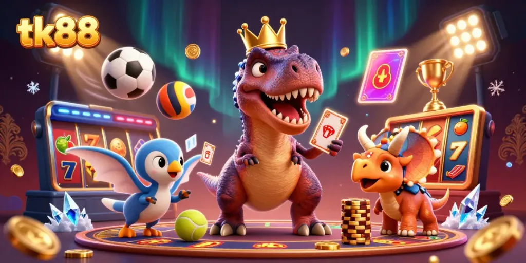 T-Rex shuffling cards at tk88 while a pterodactyl assists, vibrant casino scene.