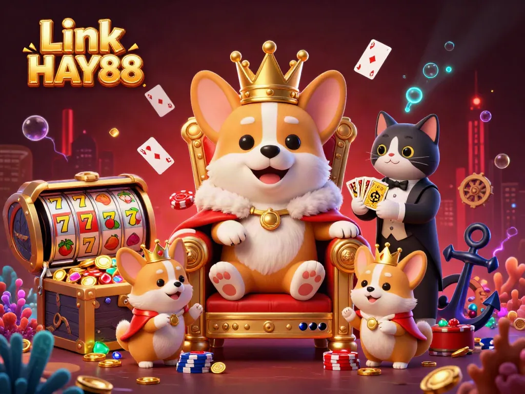 Experience the vibrant fun of Link HAY88 with royal corgi characters and dynamic slot elements in a rich casino scene.