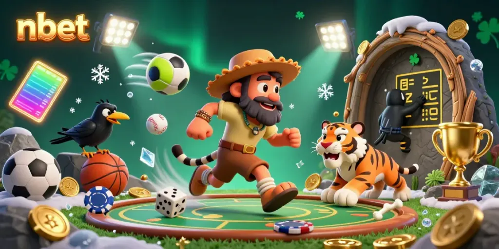 Join the excitement at nbet, featuring a cartoon caveman and sabertooth tiger in a vibrant prehistoric casino.