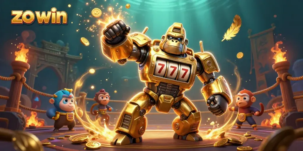 Experience the thrill of winning at zo win with a dynamic 3D scene of a gorilla mech and casino elements.