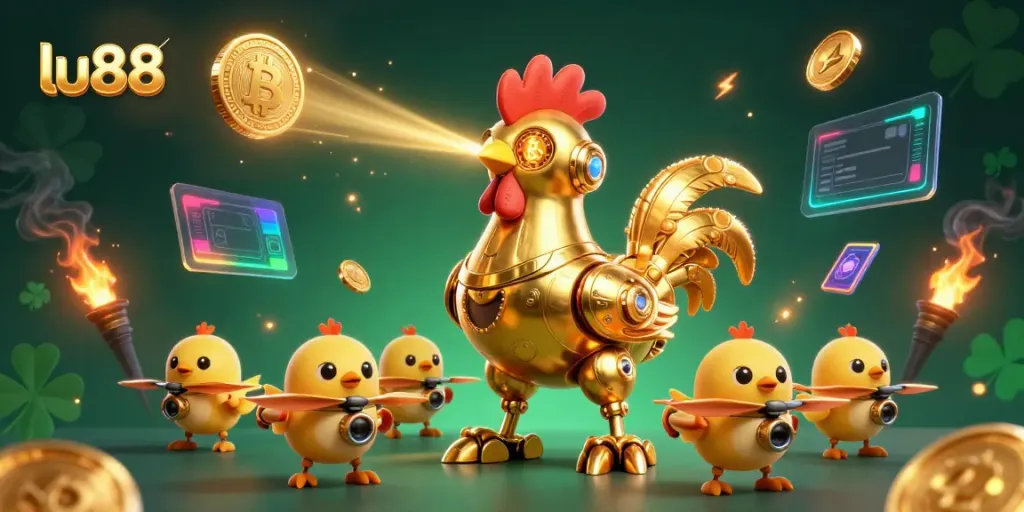 Experience the thrill of gambling at LU88 with the futuristic golden rooster and baby chick drones amidst vibrant crypto elements.