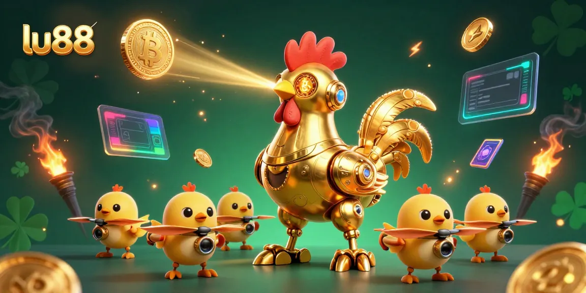 Experience the thrill of gambling at LU88 with the futuristic golden rooster and baby chick drones amidst vibrant crypto elements.
