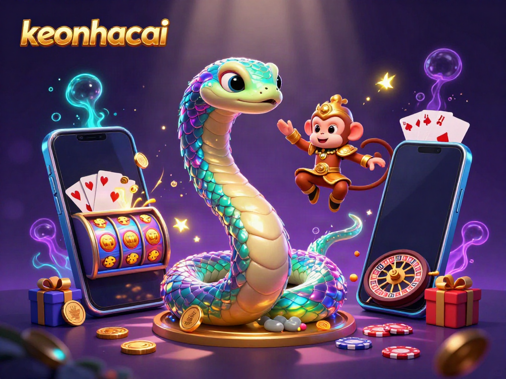 Engage with keonhacai interactive gaming scenery featuring a colorful serpent and monkey king amidst casino elements.