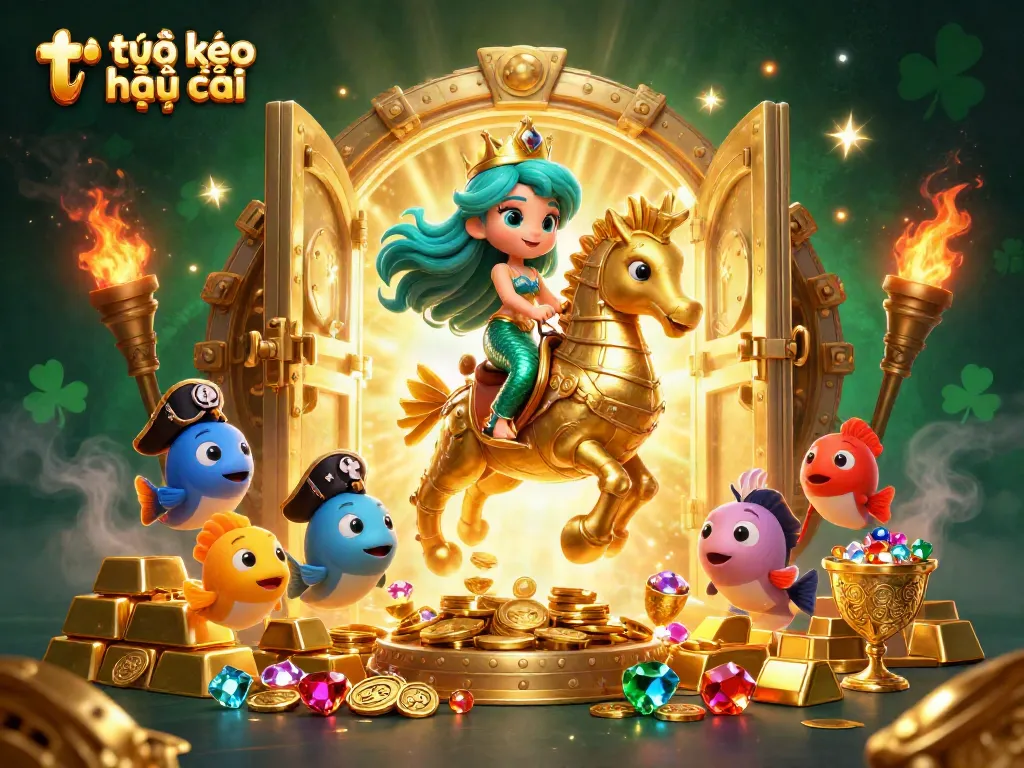 Engage with tỷ lệ kèo nhà cái through an illustrated scene of a mermaid and seahorse in treasure-laden surroundings.
