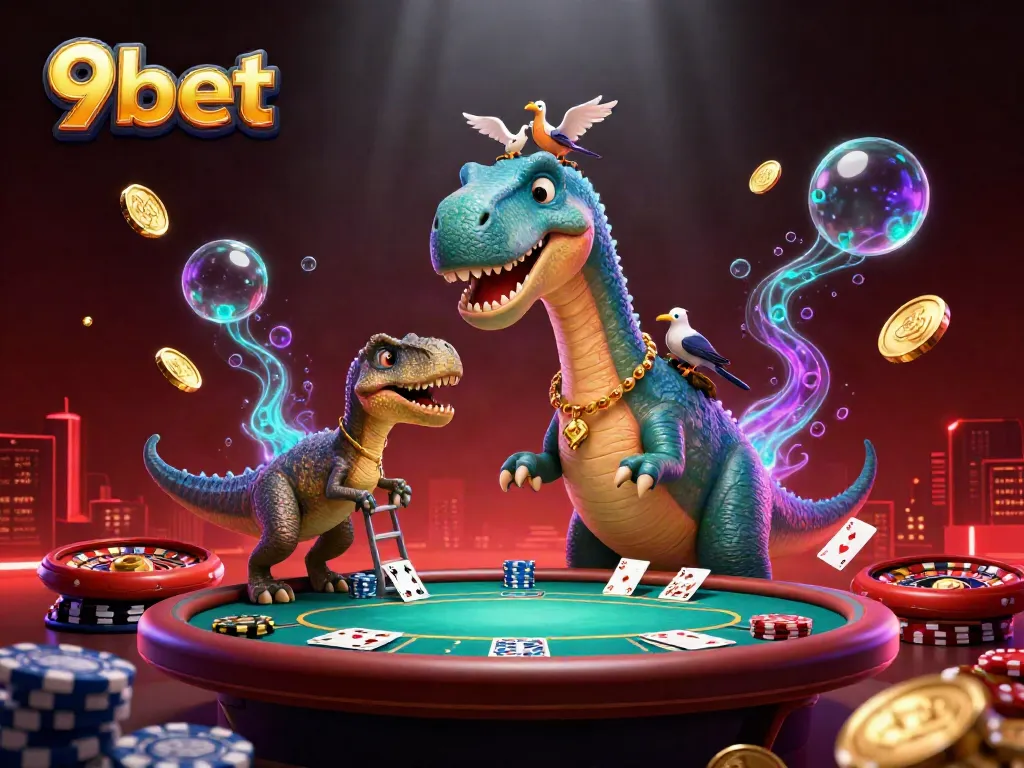 9bet casino scene featuring a giant cartoon brontosaurus, a clever raptor dealing cards, and dynamic game elements.