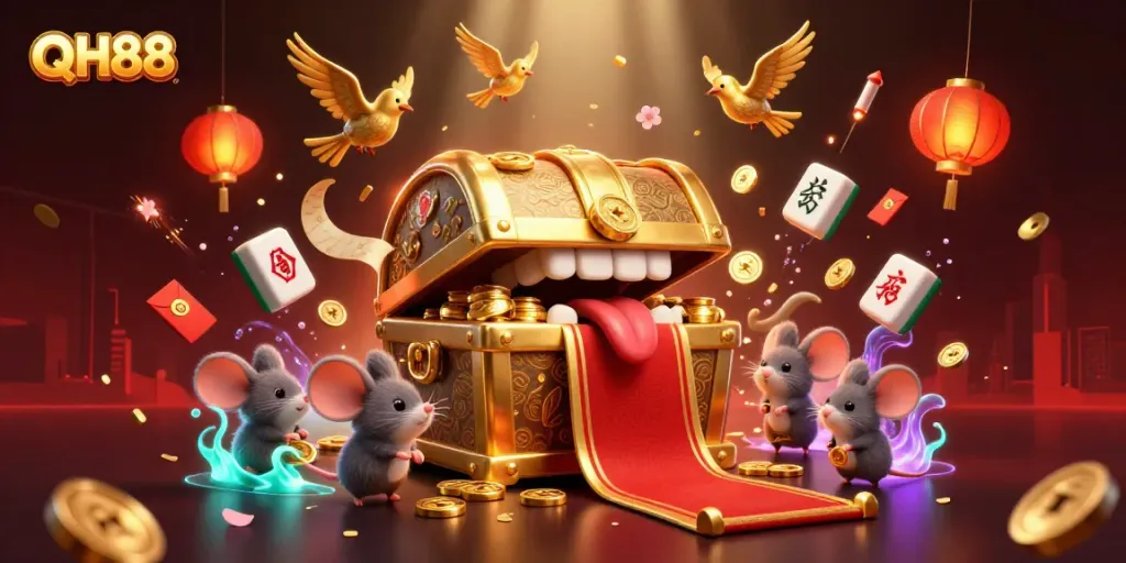 QH88 captivates players with a vibrant 3D casino scene full of treasures and festive elements.