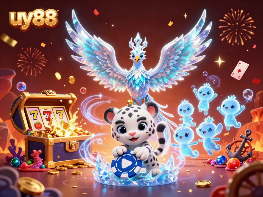 Engage with uy88's casino magic featuring an ice phoenix, snow leopard, and vibrant games.