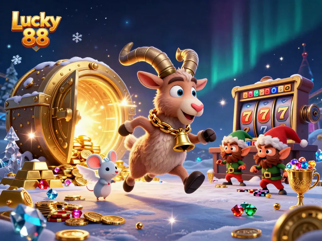 Experience the thrilling scene of Lucky 88 with a festive Krampus goat at the casino, capturing jackpot excitement.