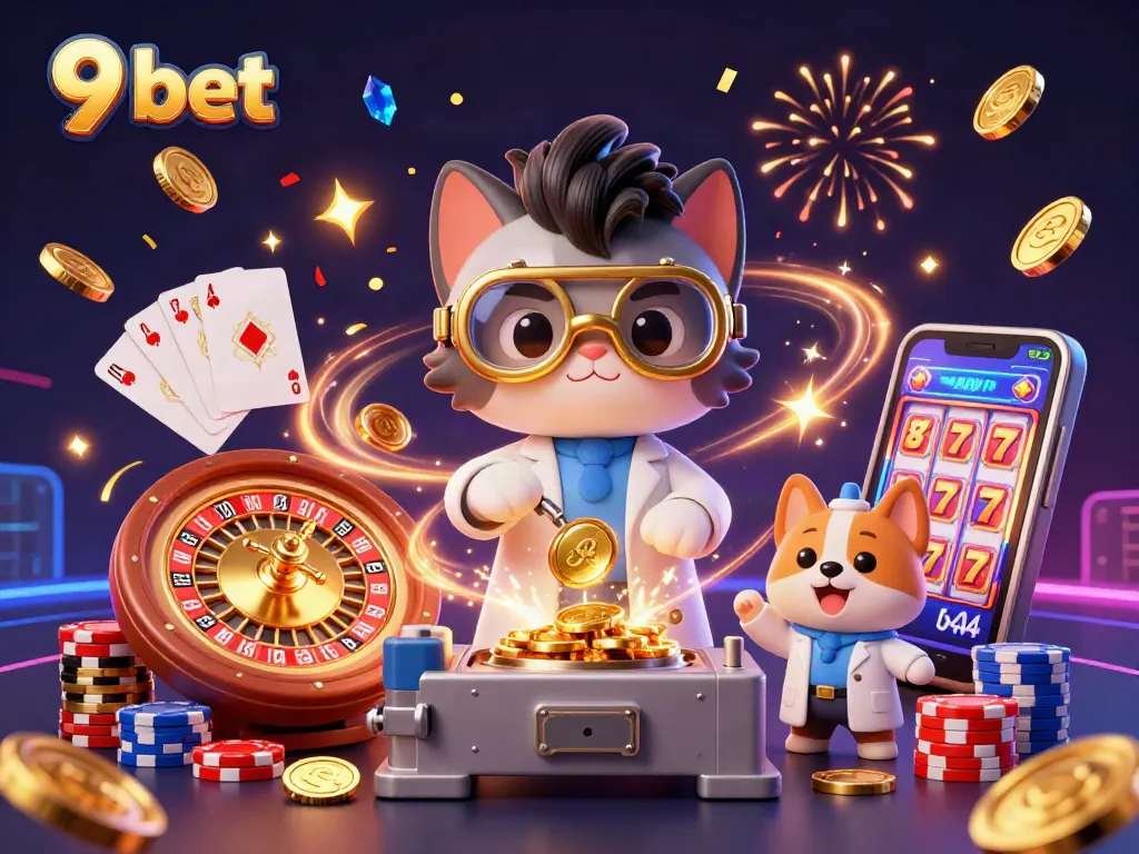 Experience the thrill with 9 bet as golden coins cascade around a mad scientist cat and dog duo in a vibrant casino.