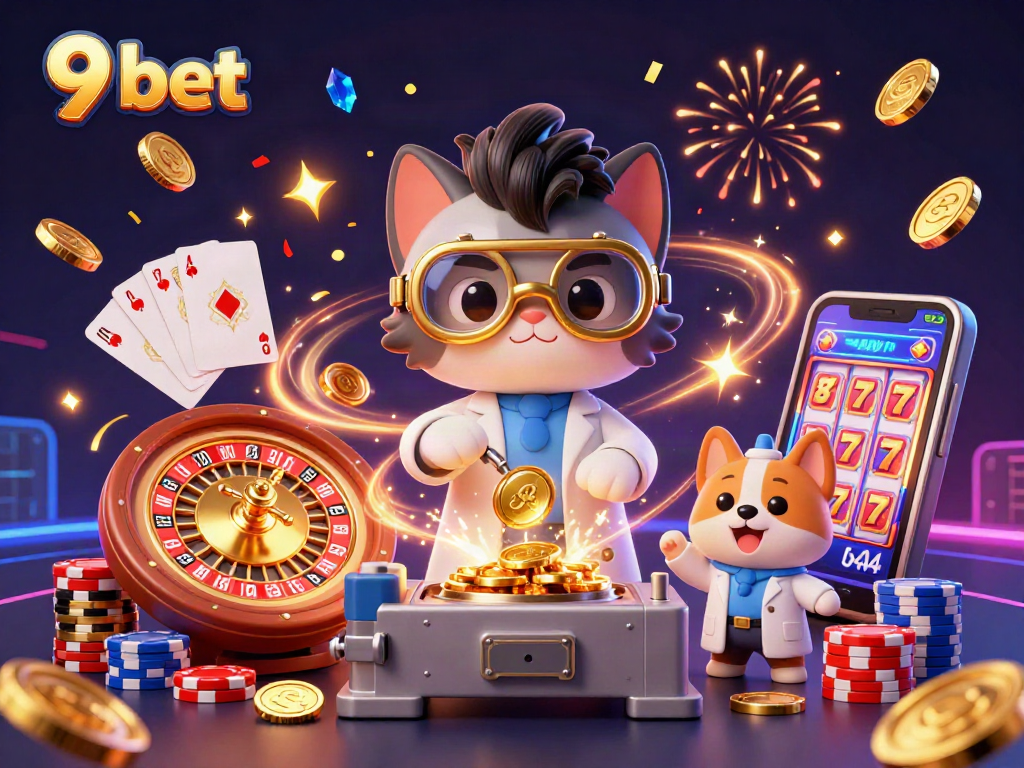 Experience the thrill with 9 bet as golden coins cascade around a mad scientist cat and dog duo in a vibrant casino.