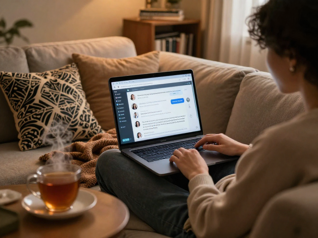 Engaging sex ai conversation on a laptop in a cozy home setting.