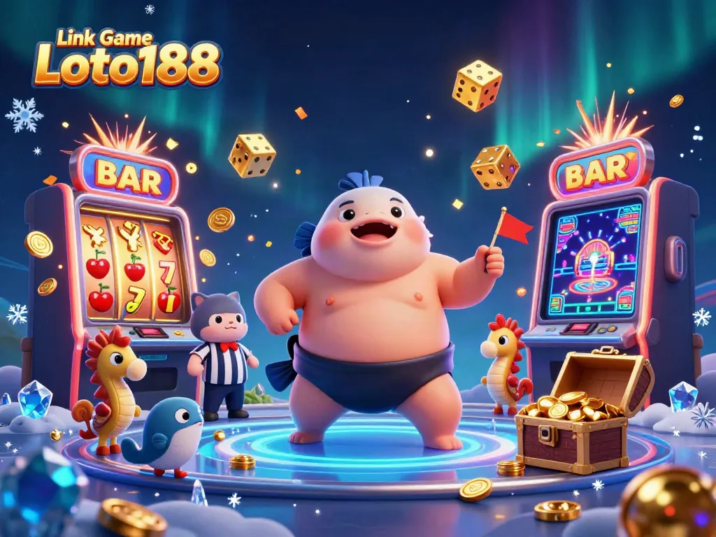 Engage in the vibrant fun of Link Game Loto188 with this dynamic underwater casino scene showcasing colorful characters and slots.