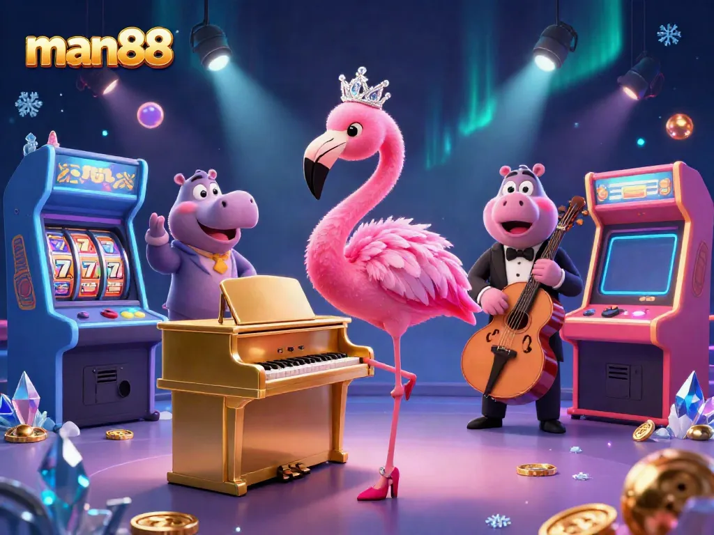 Experience man88's vibrant casino atmosphere with a flamboyant lounge singer and bassist amidst dynamic gaming aesthetics.