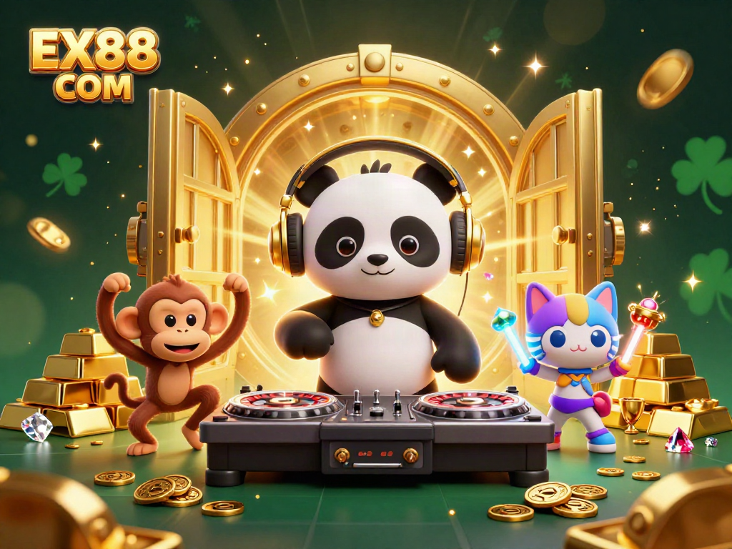 Experience vibrant fun at EX88 COM with a DJ panda, breakdancing monkey, and rave kitten.