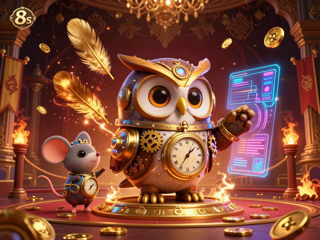 Experience the excitement of 8s with a steampunk owl in a vibrant Victorian casino setting.