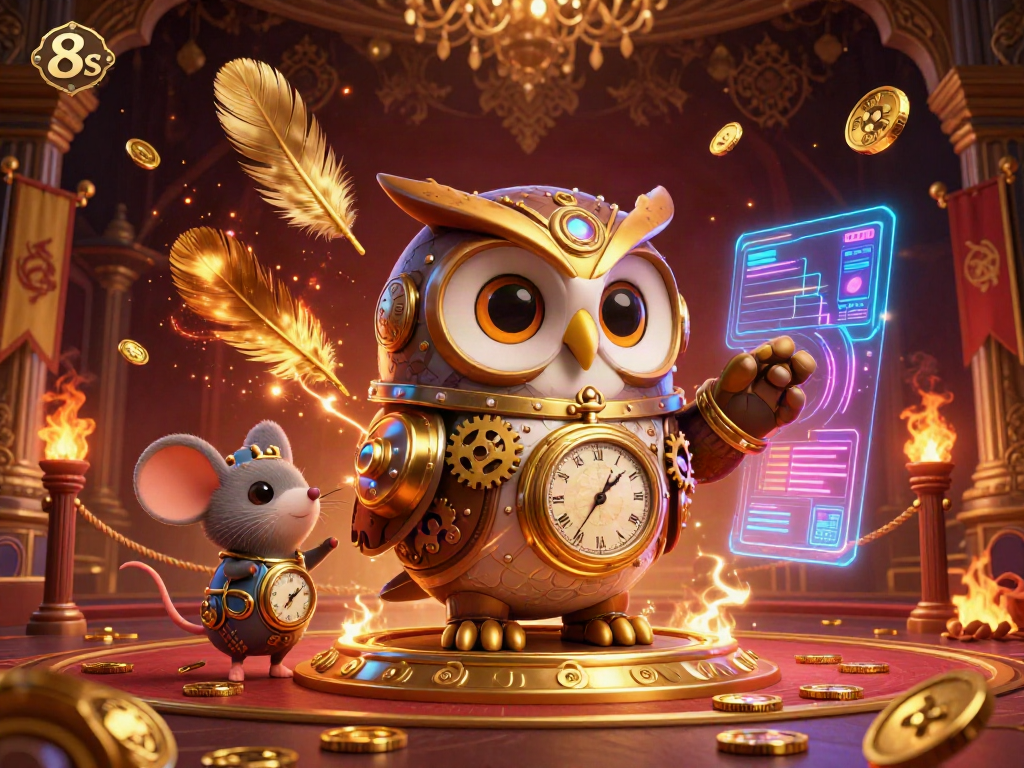 Experience the excitement of 8s with a steampunk owl in a vibrant Victorian casino setting.