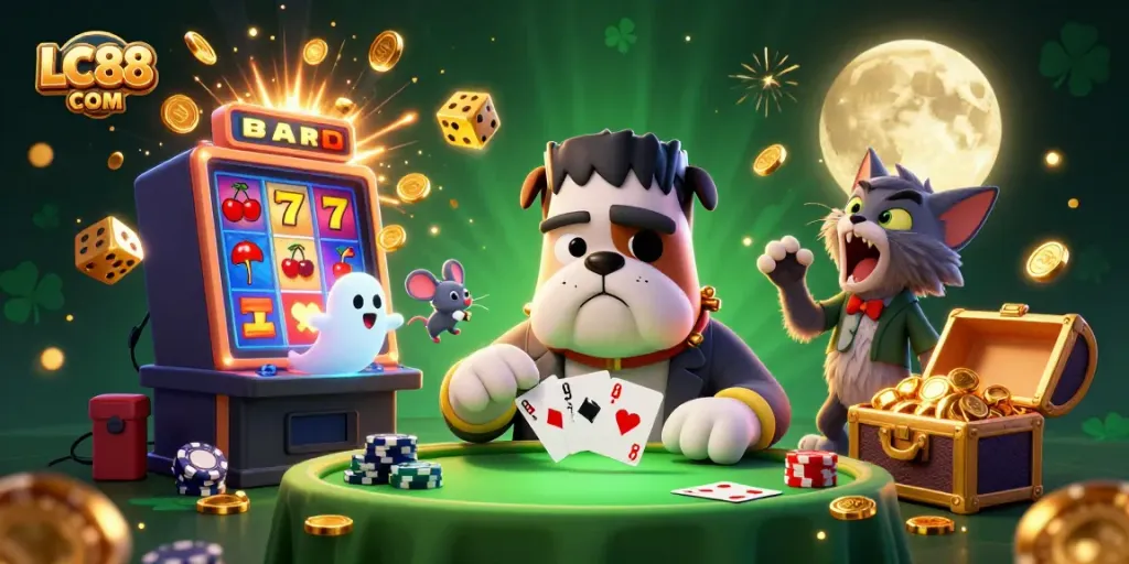 Experience thrilling action with LC88 COM's vibrant casino adventure featuring a quirky bulldog dealer.