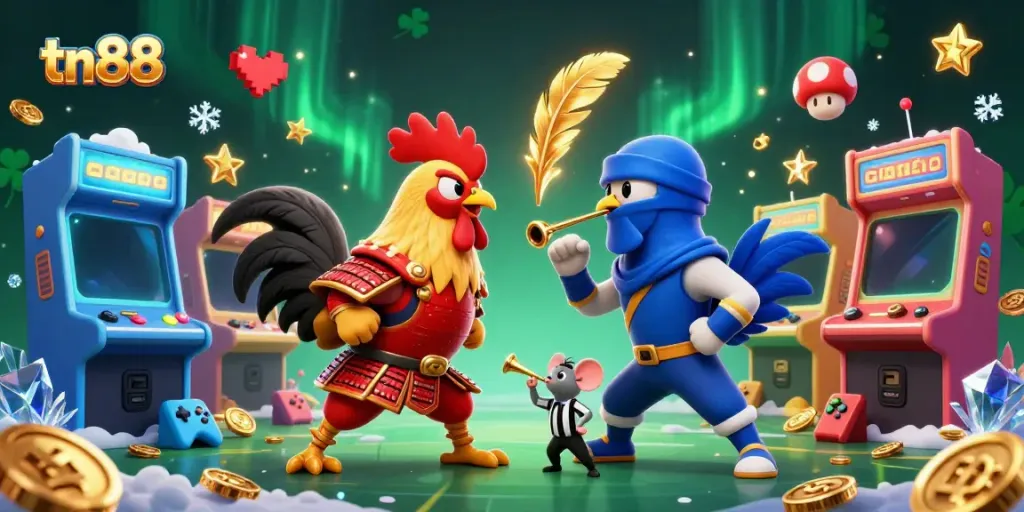 Engage in thrilling gaming with tn88, where cartoon roosters face-off amid dynamic casino elements.