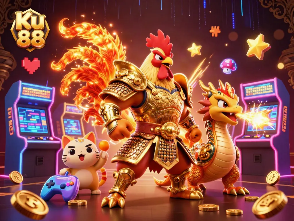 Experience thrilling moments with Ku 88 in an immersive 3D casino world featuring brave characters and vibrant elements.