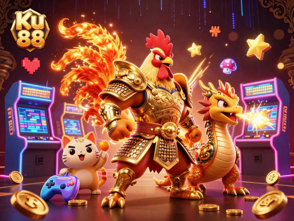 Experience thrilling moments with Ku 88 in an immersive 3D casino world featuring brave characters and vibrant elements.