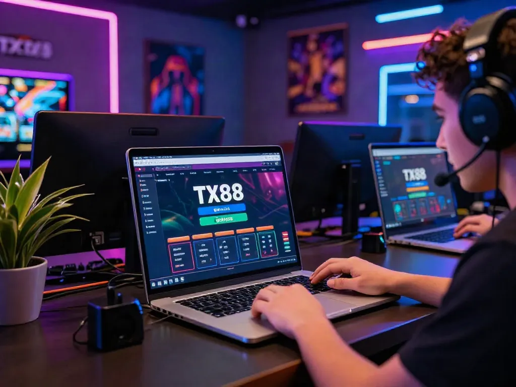 Engaging TX88 online gaming scene featuring a player enjoying casino games on a laptop.