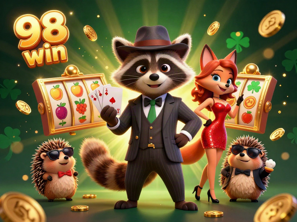 Experience the excitement of 98 win with a lively raccoon holding a royal flush amidst slot reels and golden coins.