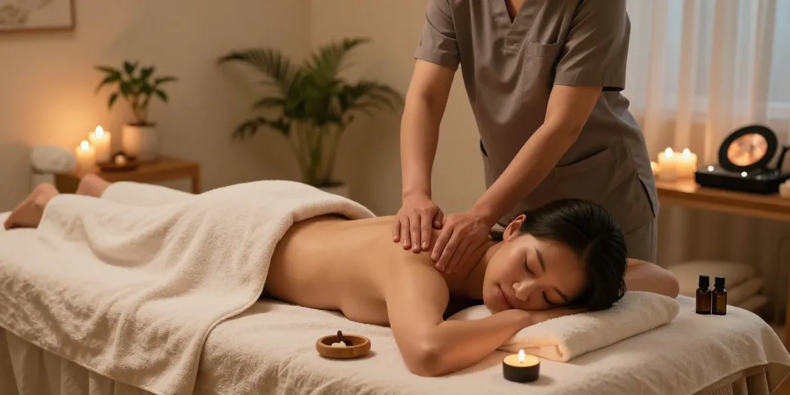 Indulging in an 인천출장마사지 at a peaceful home spa, highlighting relaxation with candles and essential oils.