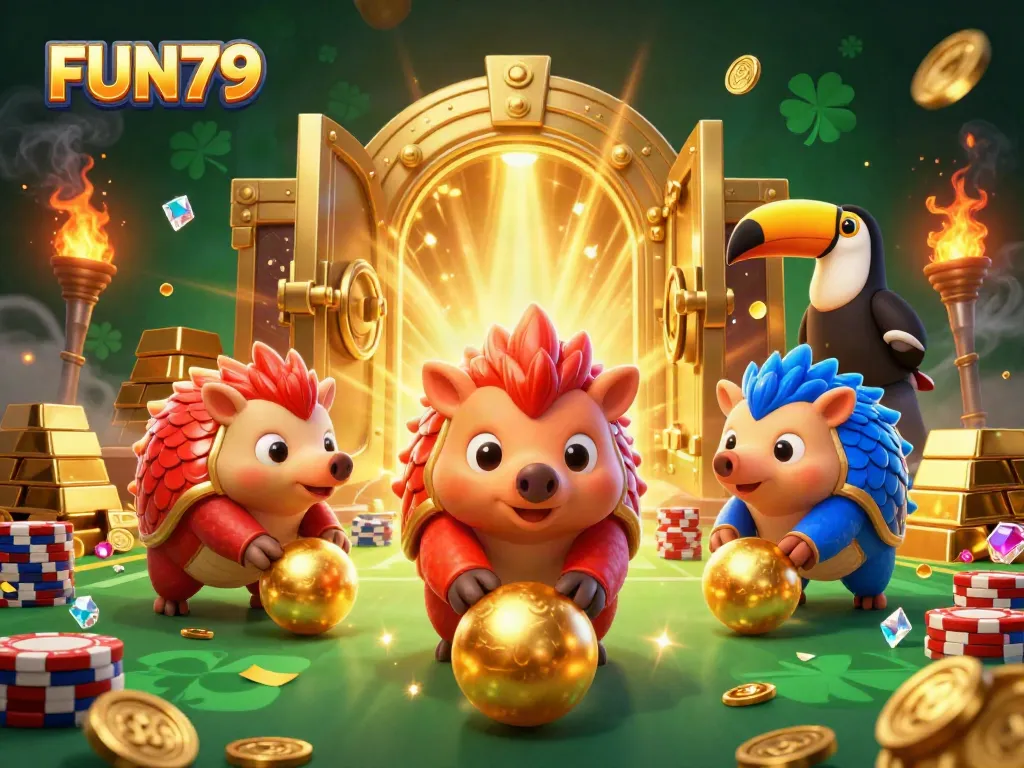 Watch FUN79's dynamic pangolins bowling through poker chips in a vibrant casino scene.