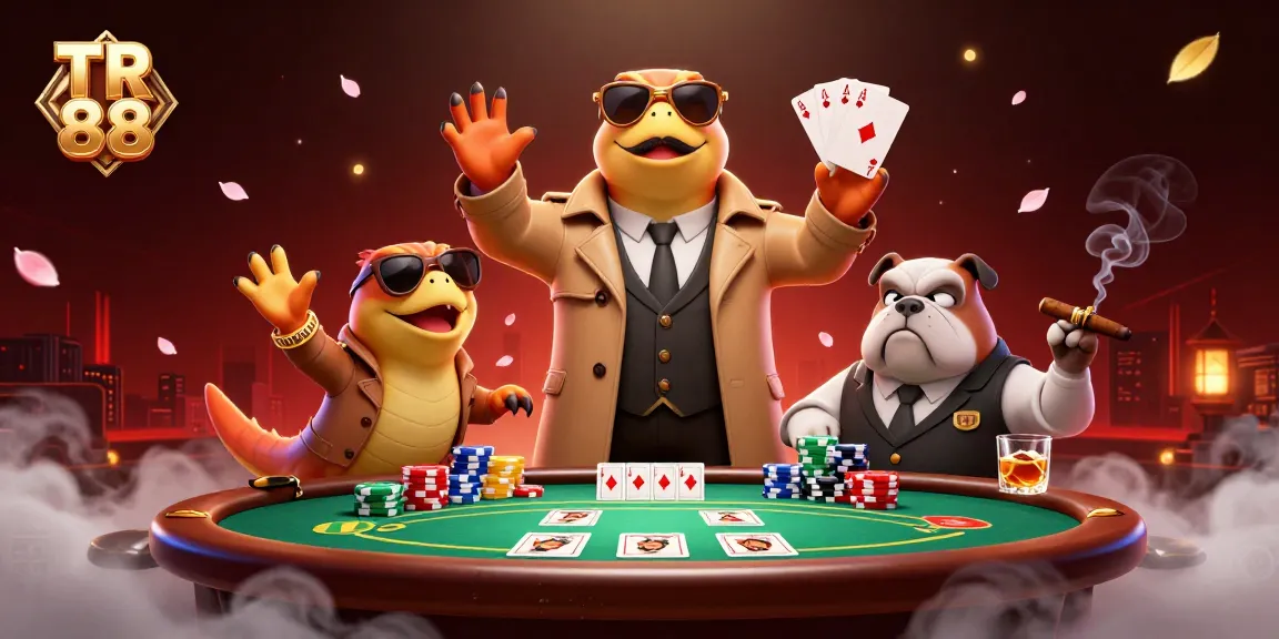 Three raptors in a trench coat attempting to enter a casino for TR 88 with poker elements and a bulldog bouncer.