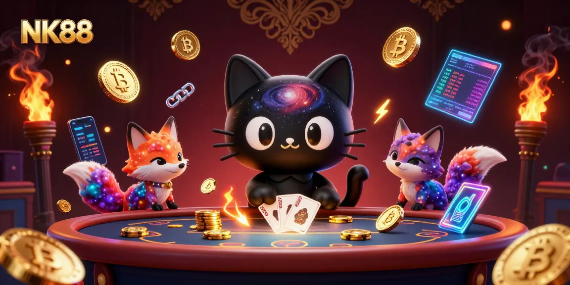 Experience thrilling gameplay at NK88 with a cosmic casino scene featuring a black hole cat attracting golden chips.