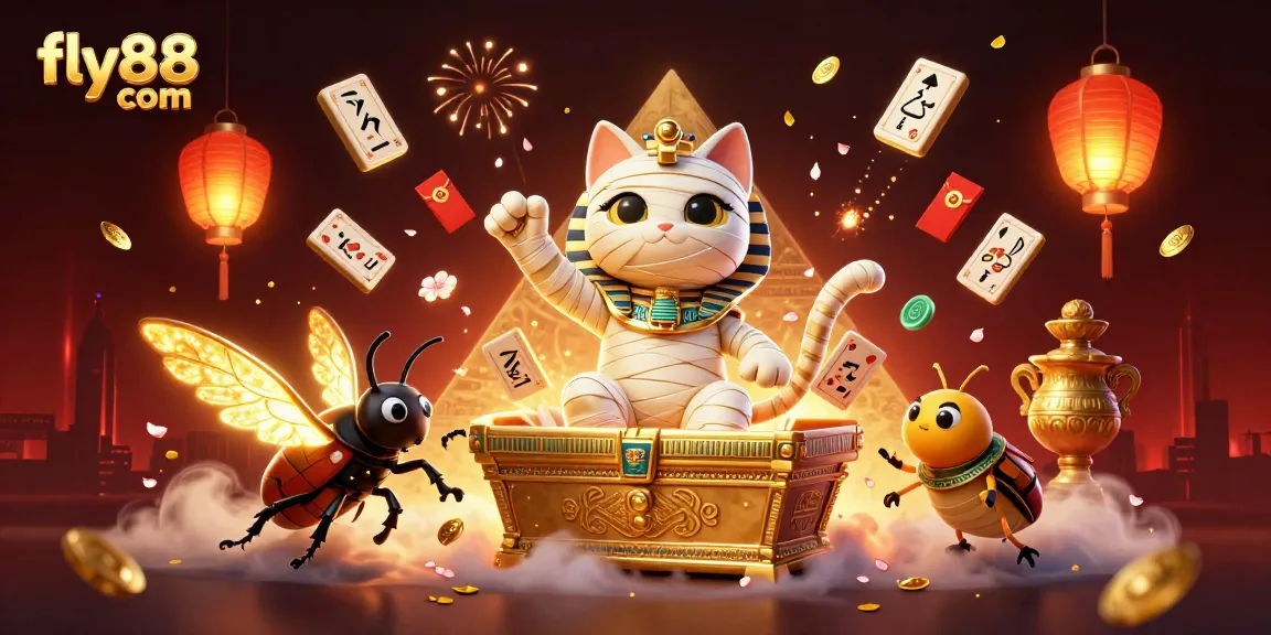 Experience the excitement at fly88 com with a vibrant 3D illustration of a mummy cat in a casino scene.