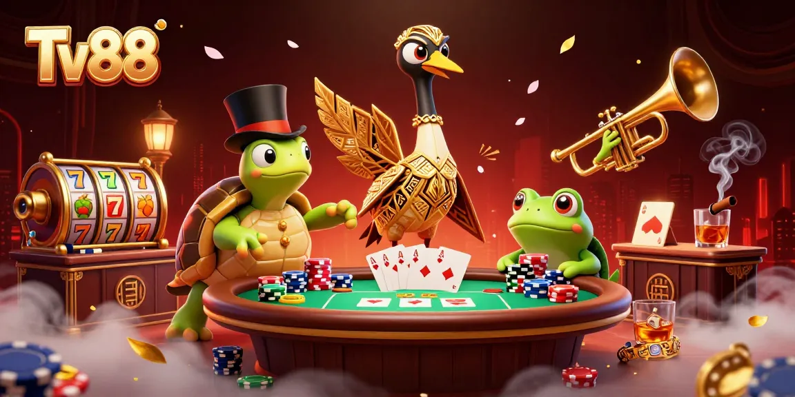 Experience thrill at Tv88 with colorful slot reels and dynamic poker action in this vibrant casino scene.