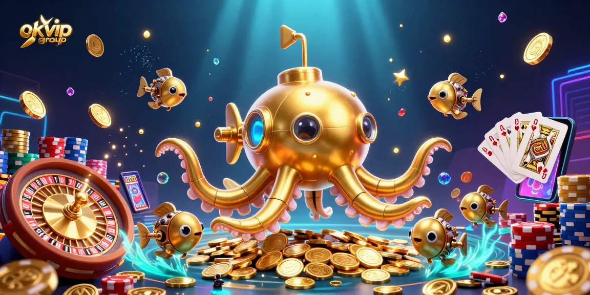 Join the thrilling experience with okvip group as mechanical fish swim through a bounty of golden coins and casino elements.