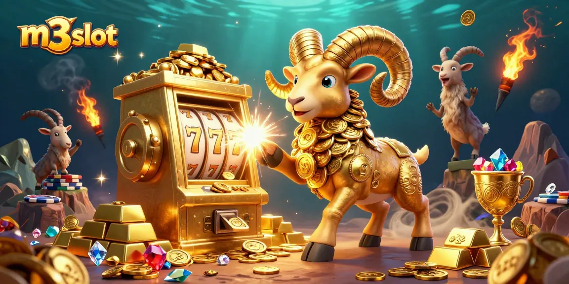 Experience thrilling m3 slot action with golden ram, slot machine, and treasures!