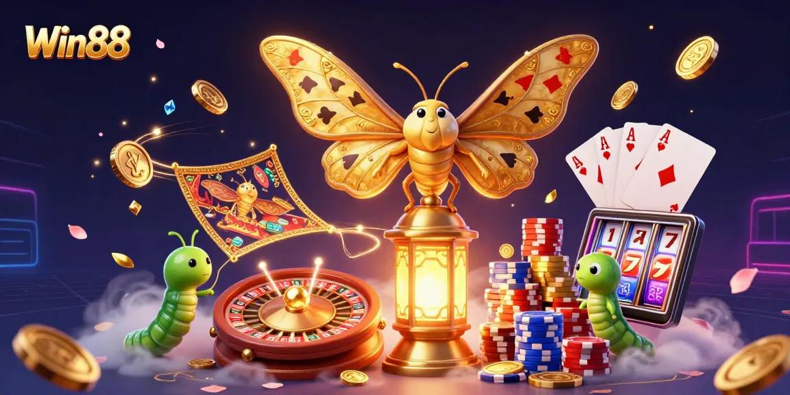 Win88 showcases an exciting casino scene with golden coins, a spinning roulette wheel, and vibrant playing cards.