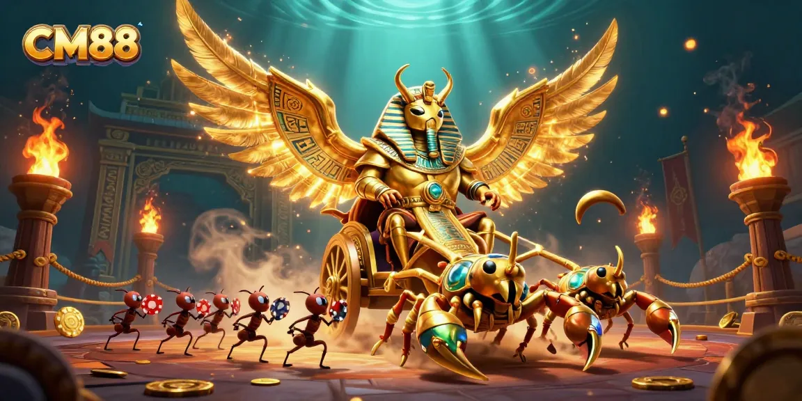 Bet on winning at CM88 with vibrant casino illustration of golden scarabs and poker chips.