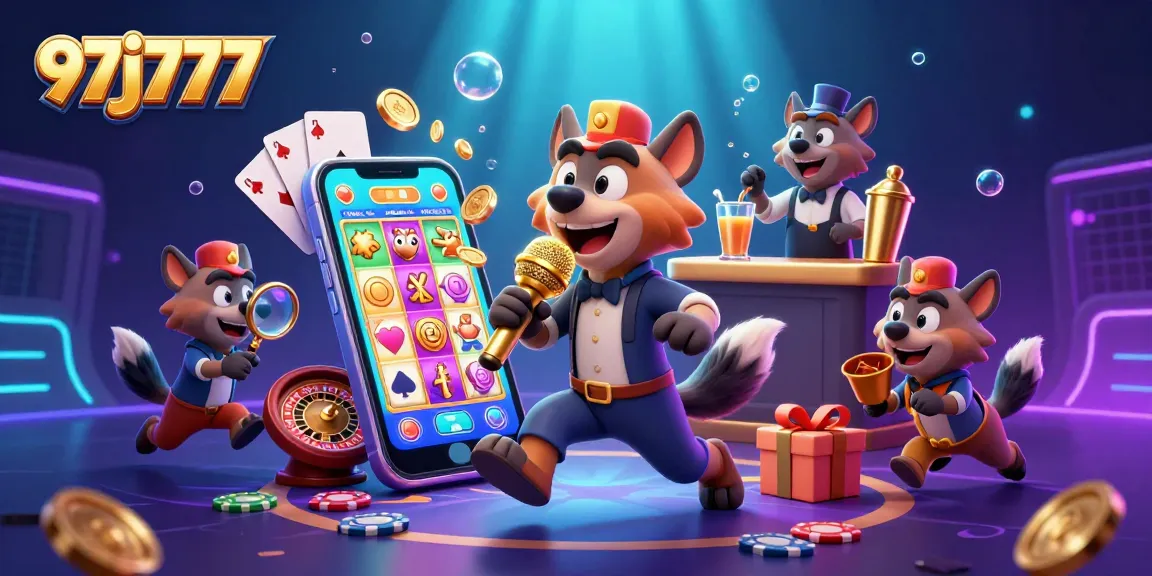 Experience the excitement of 97j777 with cartoon hyenas in a lively casino scene.