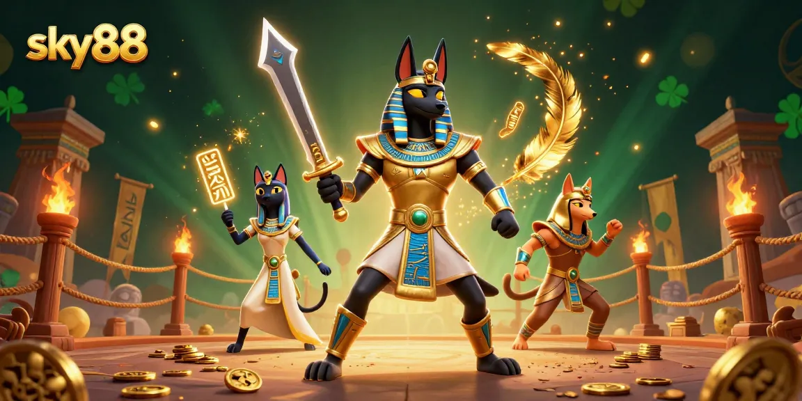 Engage in thrilling adventures with sky88's dynamic Egyptian warrior and cat in this vibrant casino scene.