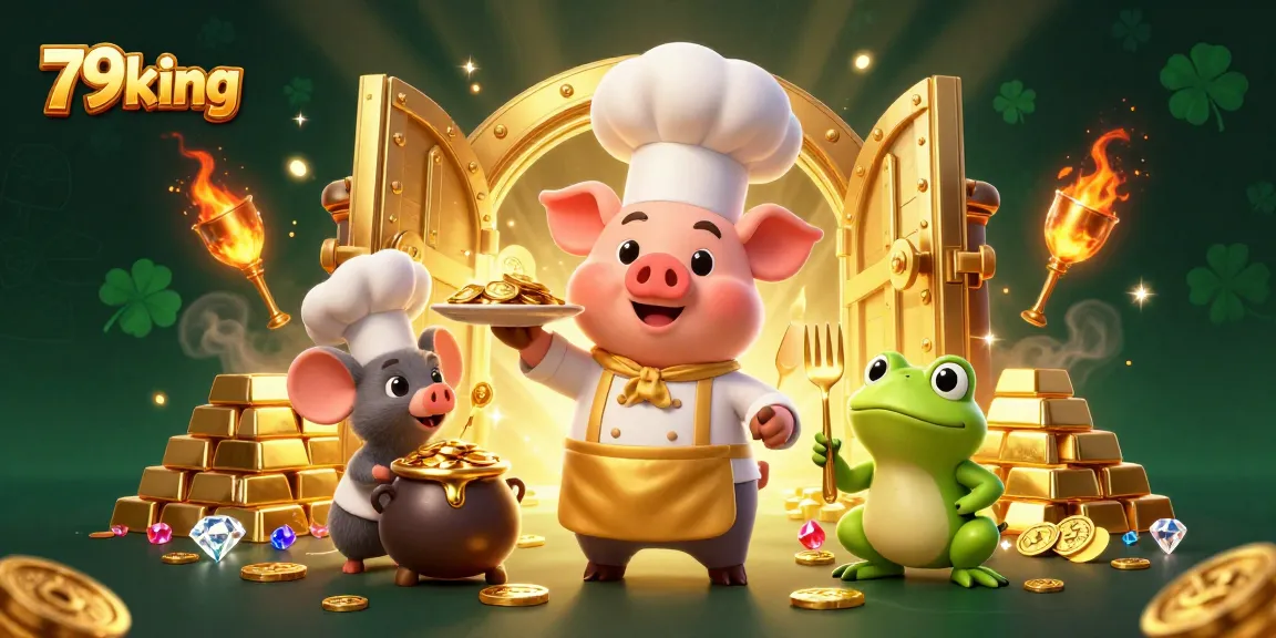 79king showcases a vibrant casino feast with cartoon characters and golden treasures.