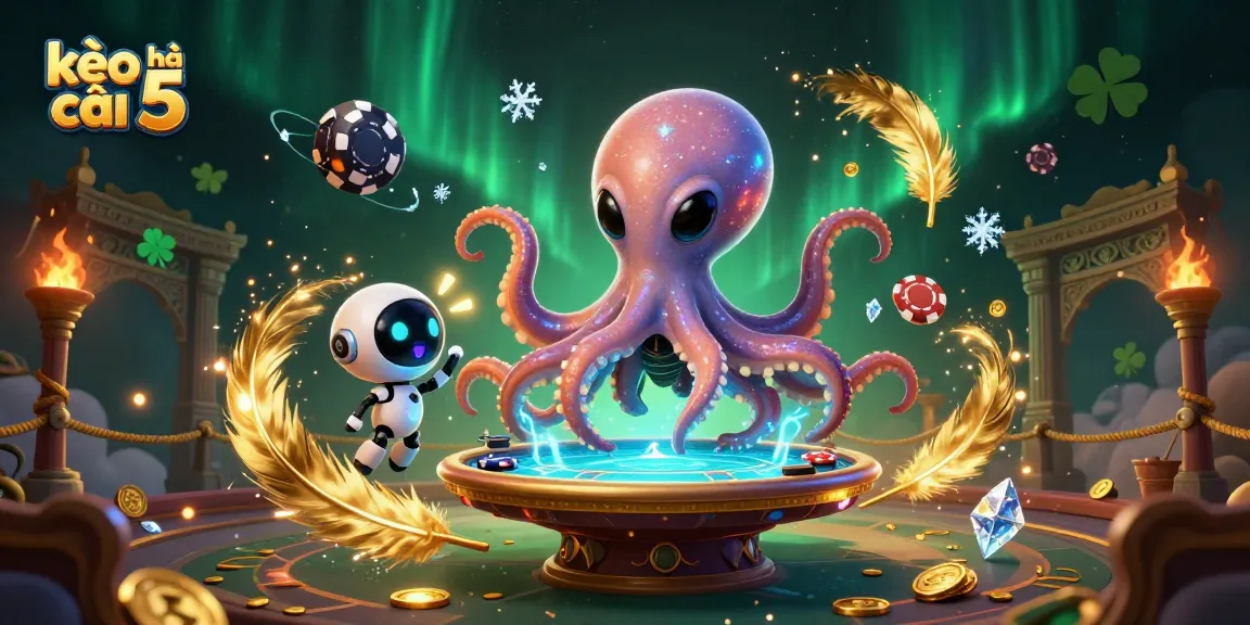 Experience the excitement of kèo nhà cái 5 with an alien octopus at a poker table amidst vibrant casino elements.