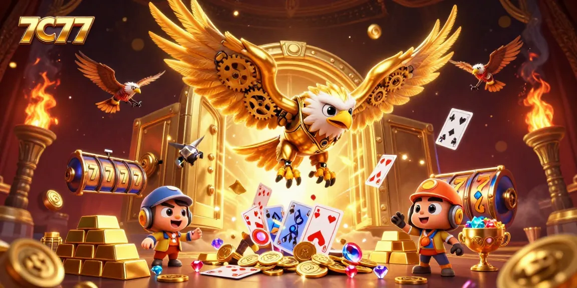Experience the exciting world of 7C777 with engaging casino visuals featuring cybernetic eagle amidst treasures and cards.