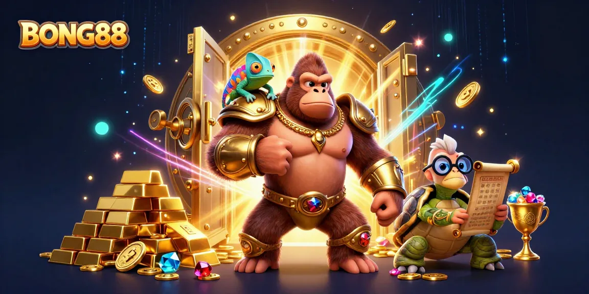 BONG88 gambling illustration showcasing a king gorilla, chameleon, and tortoise with vibrant treasures.