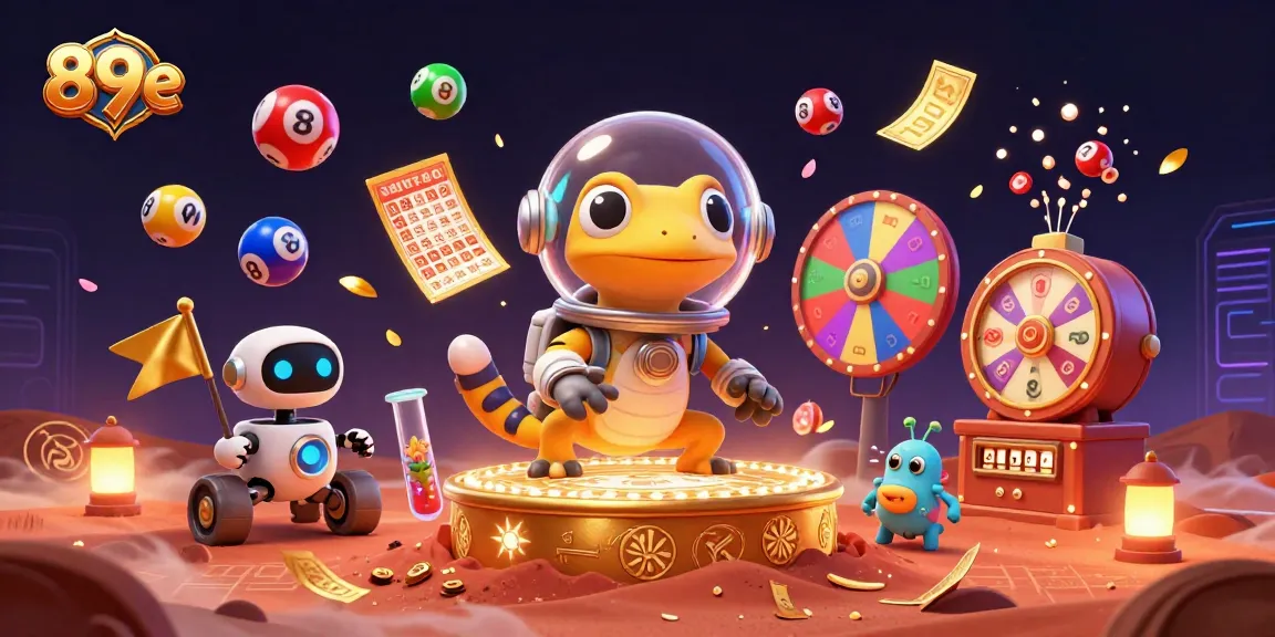 89e showcases a Martian gecko exploring a golden casino with vibrant lottery balls and dynamic elements.
