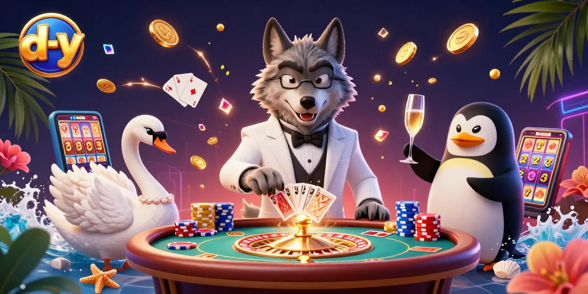 Engage with d-y's vibrant casino scene featuring a debonair wolf and elegant swan in a rich gambling experience.