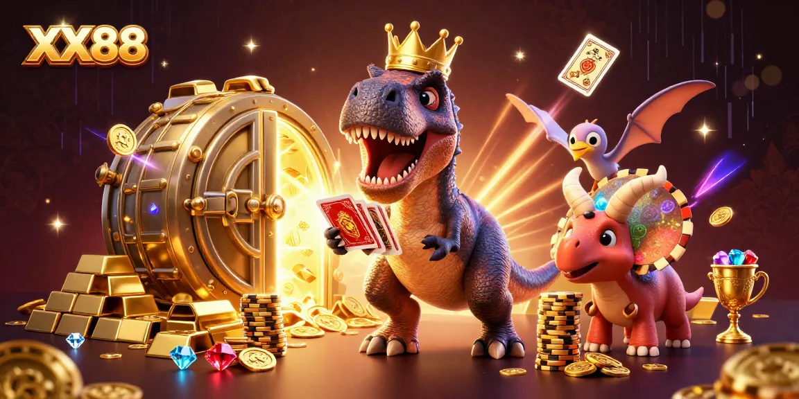 Engage in thrilling gameplay at XX88 as characters shuffle cards and stack chips amid treasure-rich casino scene.