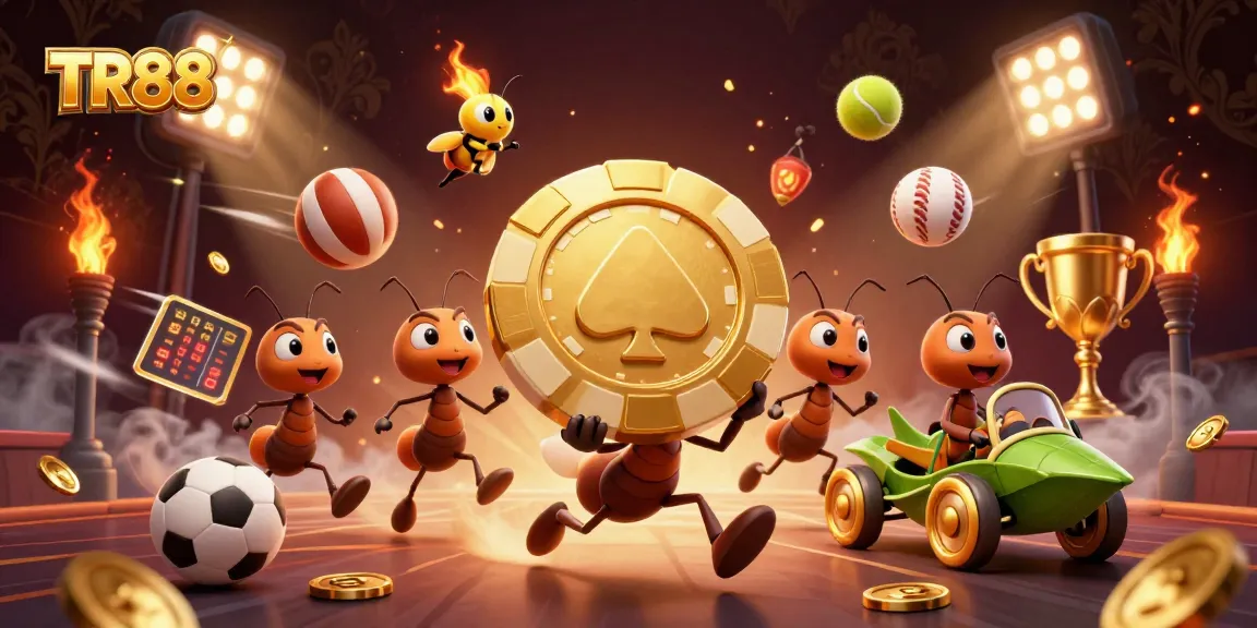 TR88 ants execute a heist with a giant poker chip surrounded by sports betting elements.