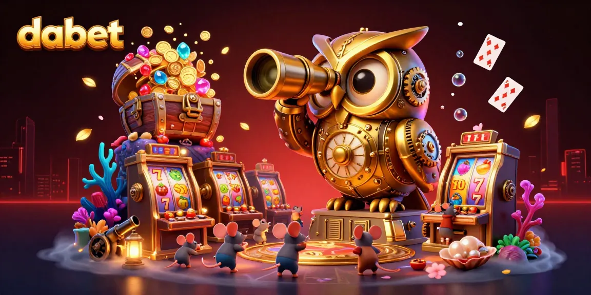 dabet showcases a vibrant casino scene with a golden owl, slot machines, and dynamic floating game elements.