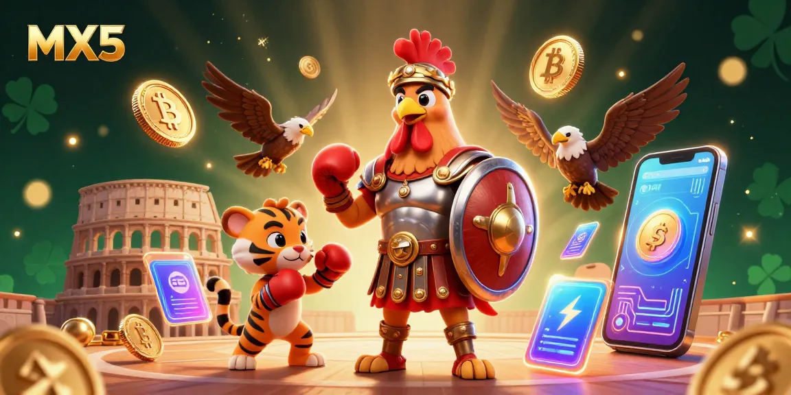 A dynamic scene showcasing MX5’s exclusive casino experience featuring a gladiator rooster with crypto elements.