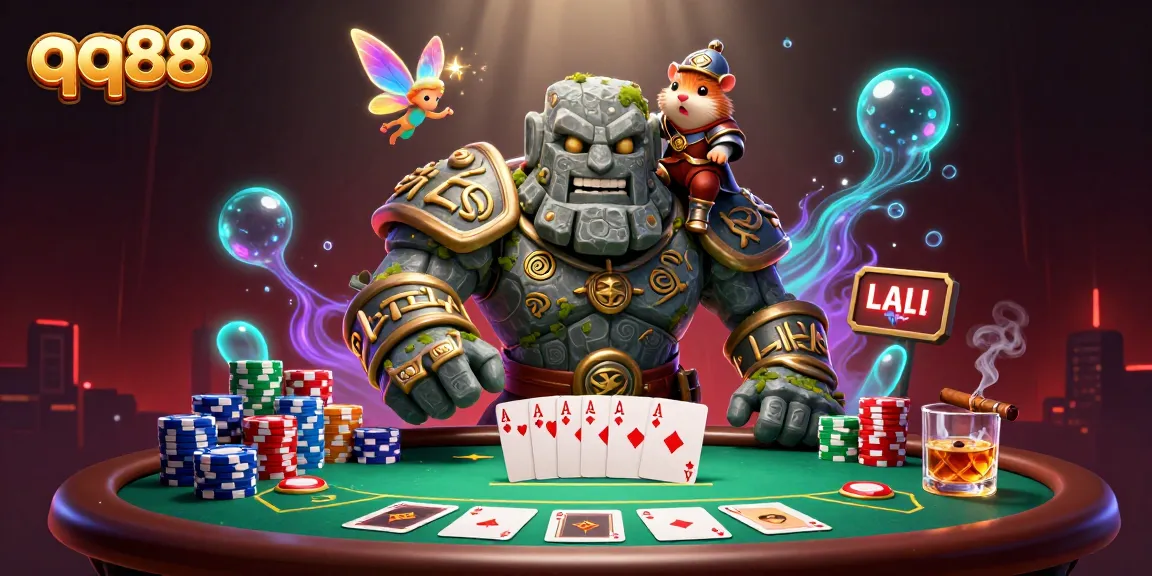 Engage with qq88's thrilling poker experience featuring a magical golem guardian and dynamic casino elements.